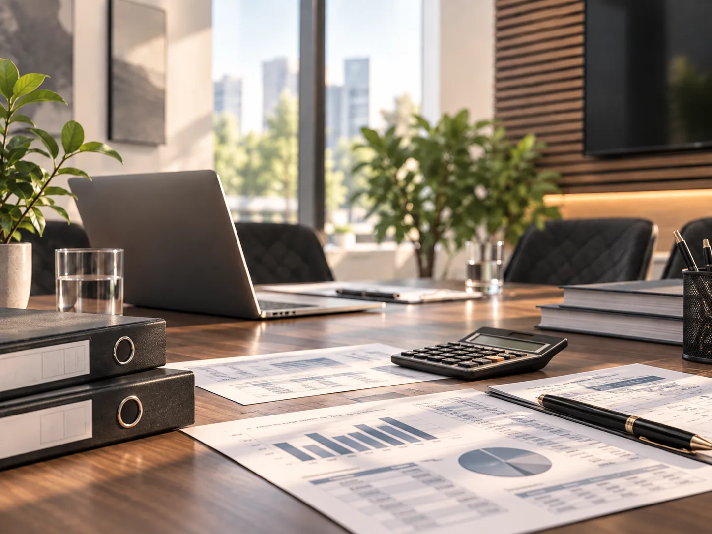 Ring binders, a calculator and a laptop on an office desk