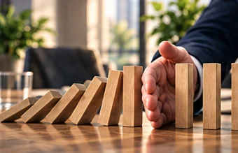 A hand stopping a row of falling dominoes