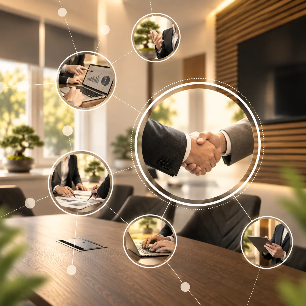 A handshake in a circular crop, with an office background