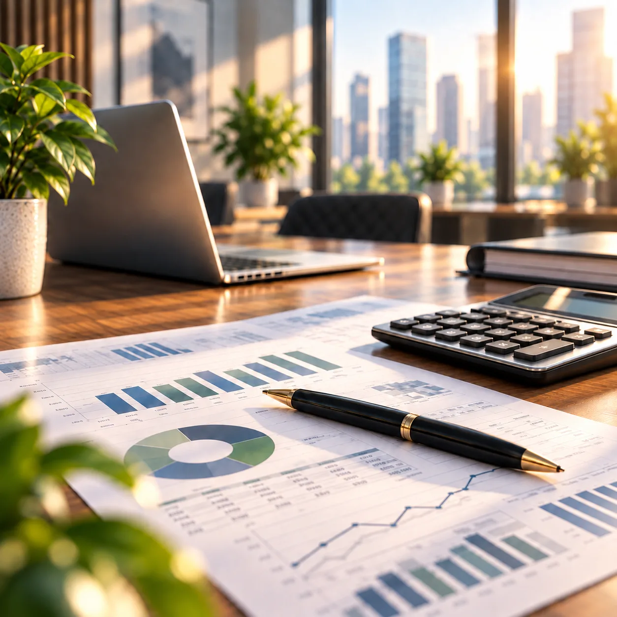A calculator and a monthly report on a desk
