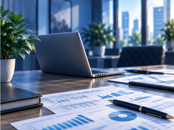 A laptop, notebooks and financial reports on a desk