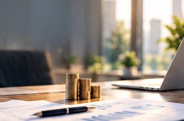 Stacks of coins on a desk with a laptop behind