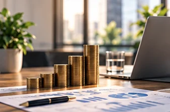 Growing stacks of coins beside a financial report